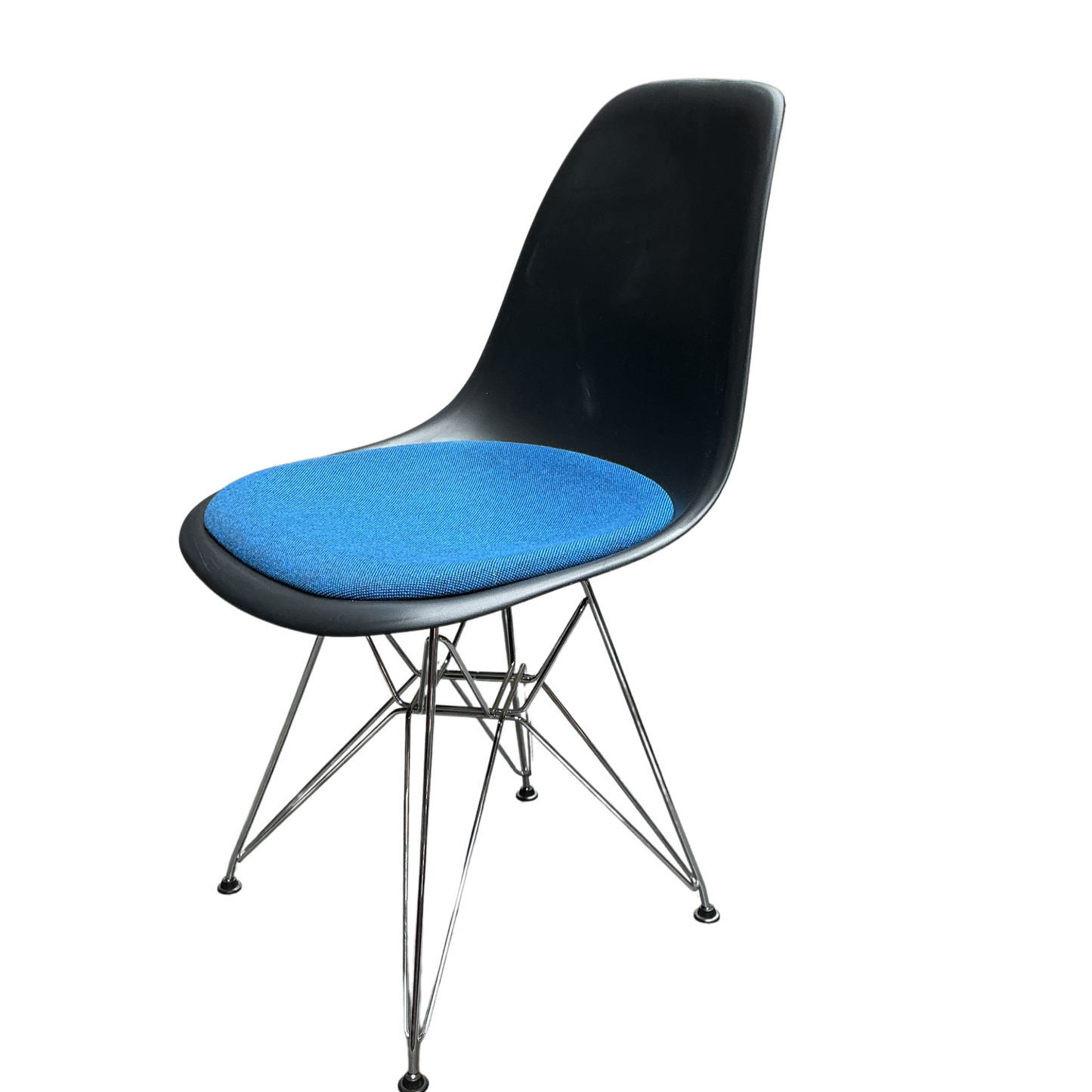 Vitra Eames Plastic Chair DSR | Eetkamerstoel | Zwarte Kuip | Blauw Zitkussen | Chroom